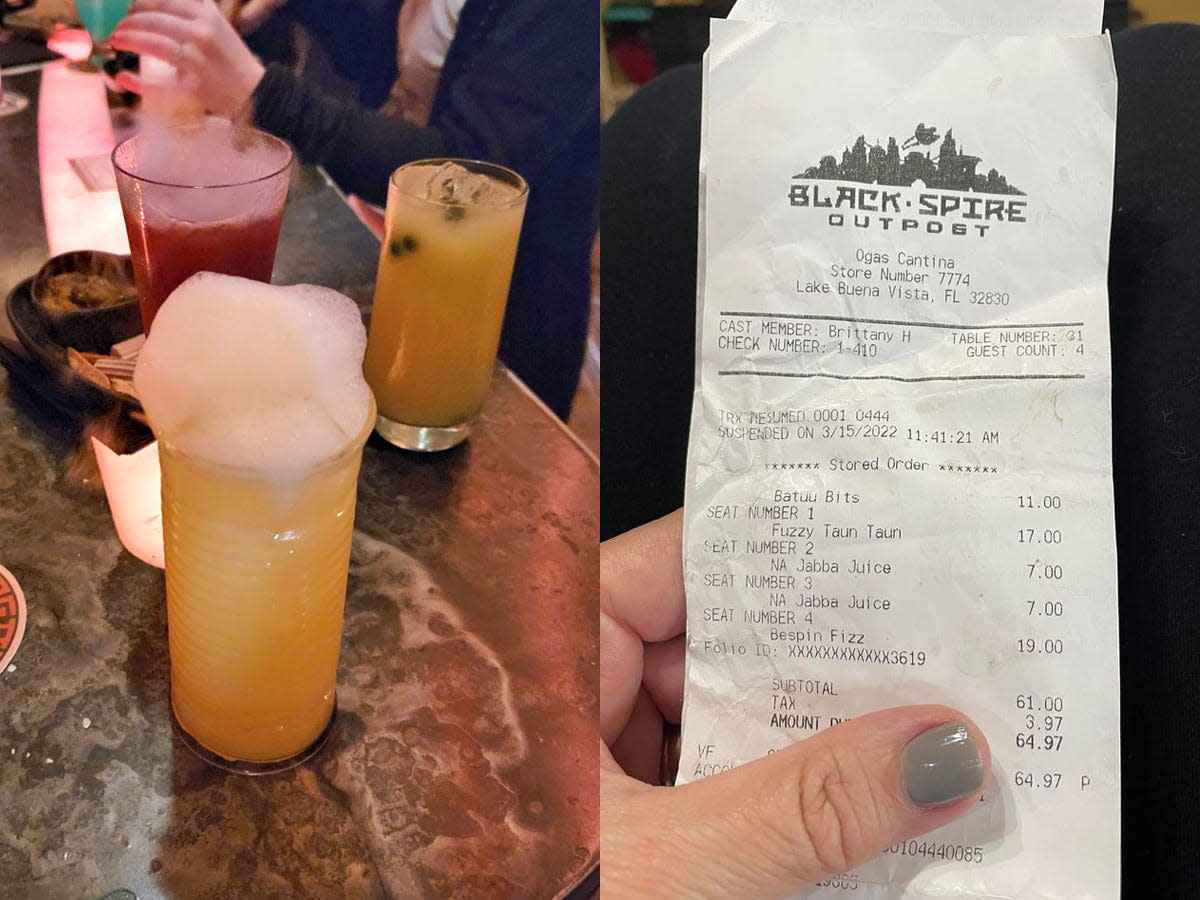 drinks from oga's cantina and a receipt from oga's cantina