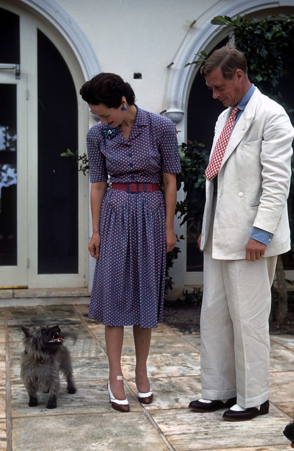 <p>En el año 42, posando en su casa de Bahamas, los duques de Windsor muestran su entendimiento estilístico: Wallis con vestido estilo camisero en azul con pequeños lunares y Eduardo con traje claro y corbata en llamativos topos blancos sobre fondo rojo.</p>