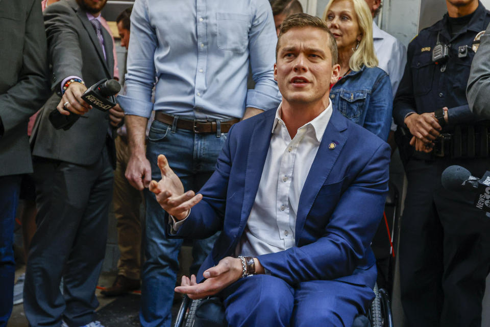 Rep. Madison Cawthorn, R-N.C., speaks to supporters and the media at his primary election night watch party in Hendersonville, N.C., Tuesday, May 17, 2022. (AP Photo/Nell Redmond)