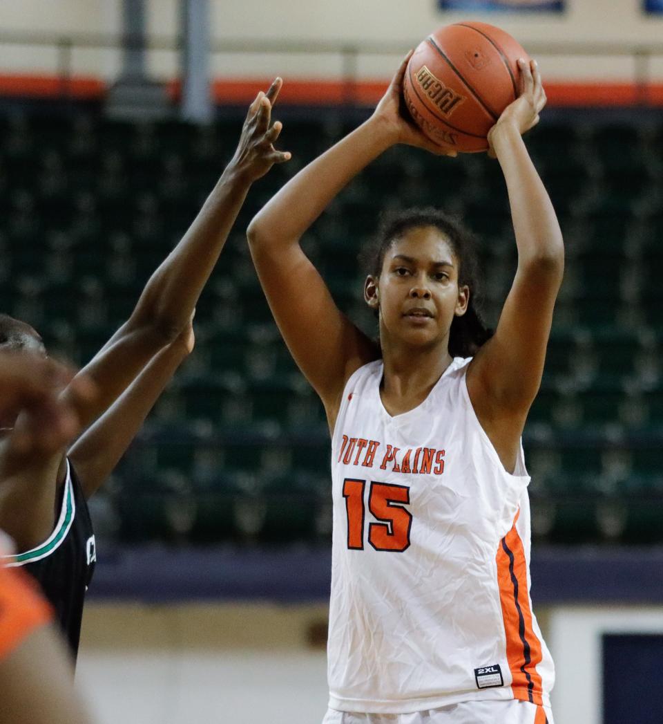 South Plains College's Jennifer Silva, pictured in a game earlier this season, had 18 points and 10 rebounds Thursday night as the Lady Texans beat Hill College 59-50 in the first round of the NJCAA Region V tournament in Wolfforth.