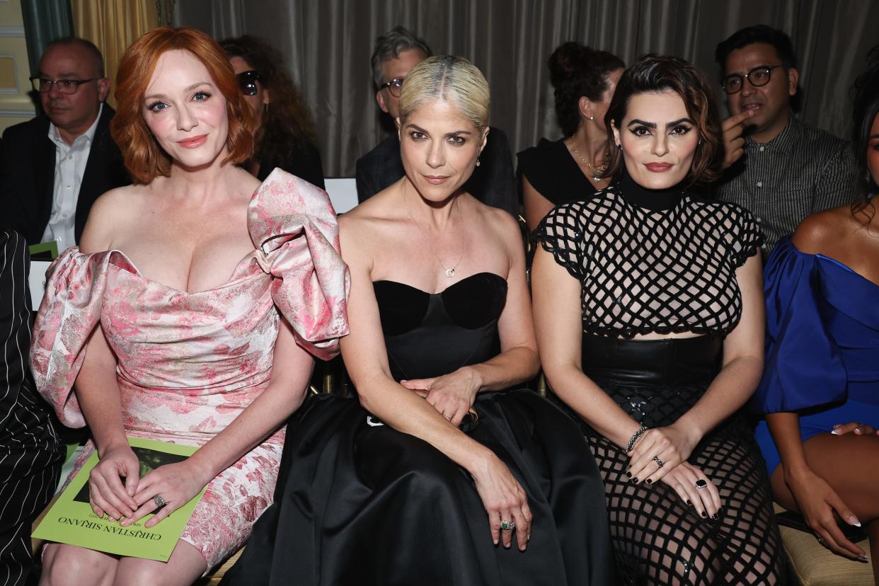 Christina Hendricks, left, Selma Blair and Nava Mau attend the Christian Siriano spring/summer 2025 runway show at The Pierre Hotel on Sept. 6, 2024, in New York City.