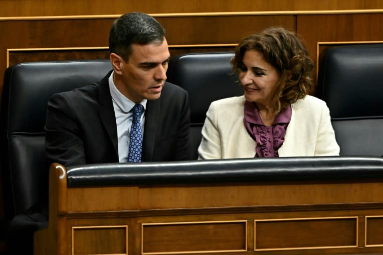 El presidente Pedro Sánchez y la vicepresidenta María Jesús Montero, también ministra de Hacienda, hablan durante una sesión del Congreso de los Diputados español, el 30 de enero de 2024 en Madrid (Javier Soriano)