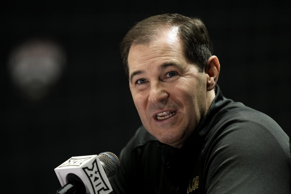 Baylor coach Scott Drew addresses the media during the NCAA college Big 12 men's basketball media day Wednesday, Oct. 18, 2023, in Kansas City, Mo. (AP Photo/Charlie Riedel)