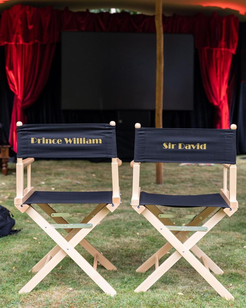 A photo of director's chairs belonging to Prince William and Sir David Attenborough with their names on the back