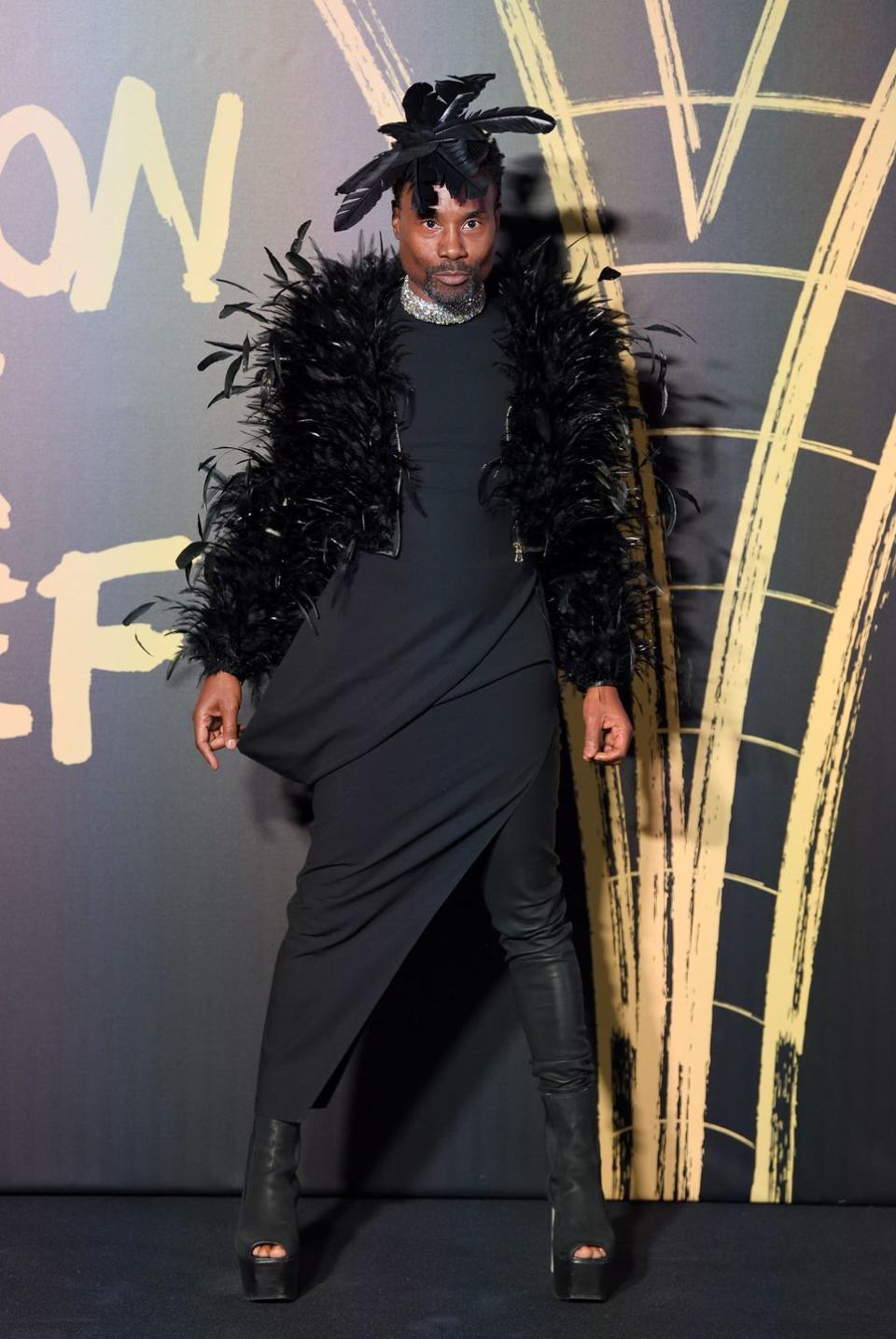 <p>The actor attended the annual show wearing a black feathered jacket by Adrian Manceras, a black dress and peep-toe boots by Rick Owens, a black feathered hat by Stephen Jones and diamond chocker necklace by Alexis Bittar. </p>