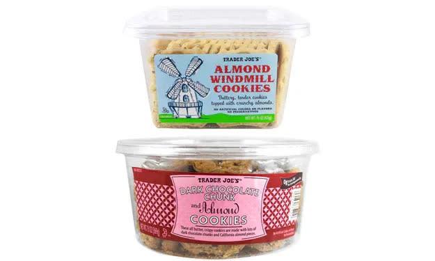 Almond Windmill Cookies and Dark Chocolate Chunk and Almond Cookies product in packaging