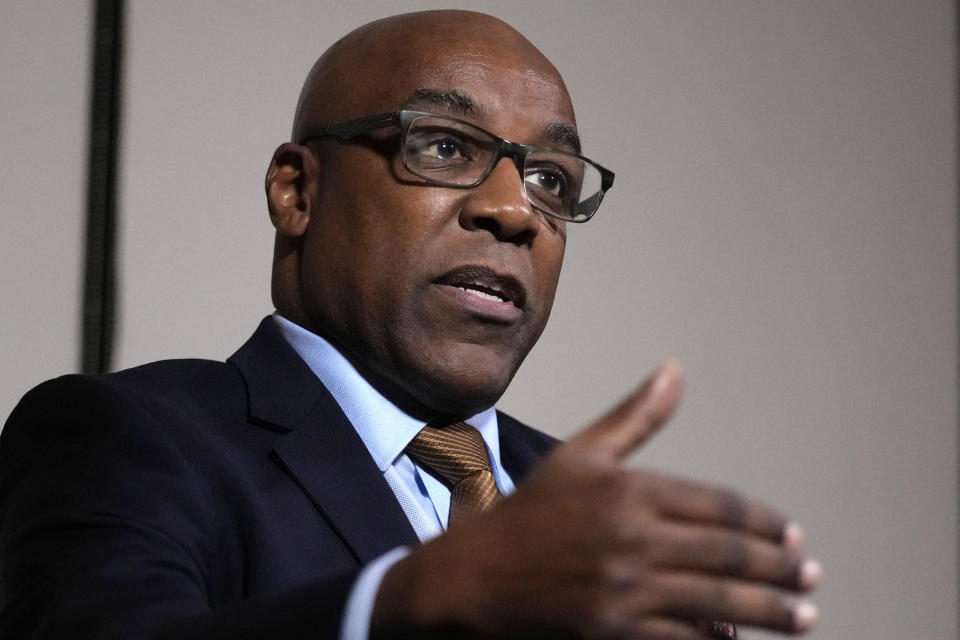 Kwame Raoul, Attorney General of Illinois, answers a question during an interview at the State Attorneys General Association meetings , Wednesday, Nov. 15, 2023, in Boston. In exclusive sit-down interviews with The Associated Press, several Black Democrat attorneys general discuss the role race and politics plays in their jobs. (AP Photo/Charles Krupa)