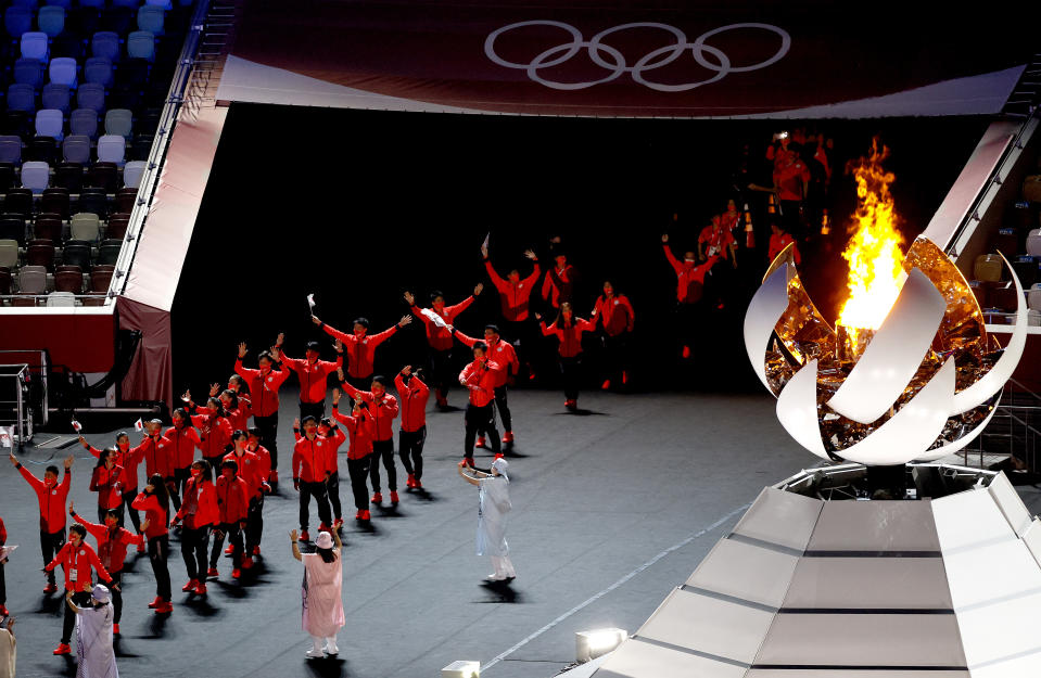 <p>Members of Team Japan enter the stadium during the Closing Ceremony of the Tokyo 2020 Olympic Games at Olympic Stadium on August 08, 2021 in Tokyo, Japan. (Photo by Steph Chambers/Getty Images)</p> 