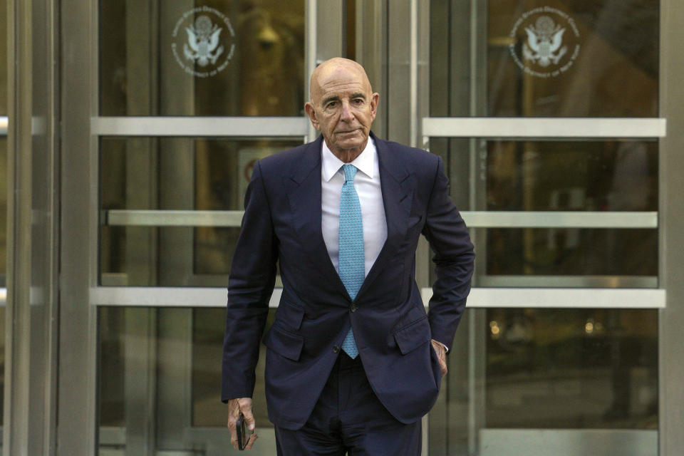 Tom Barrack exits Brooklyn Federal Court on Friday, Oct. 21, 2022, in New York. Barrack, the onetime chair of the Trump's inaugural committee, is accused of using his “unique access” as a longtime friend of Trump to manipulate Trump's campaign — and later his Republican administration — to advance the interests of the UAE. (AP Photo/Bebeto Matthews)