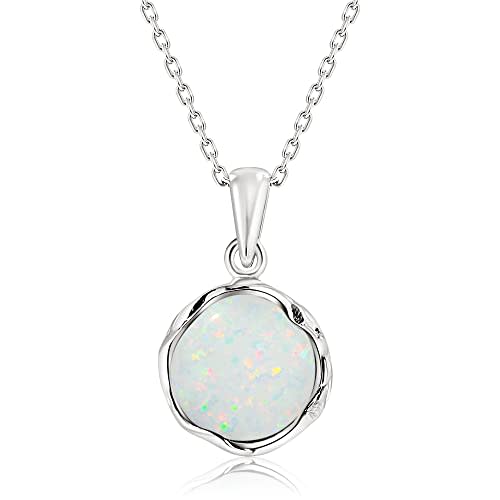 925 Sterling Silver White Opal Necklace, Dainty 12mm Round Gemstone Pendant, October Birthstone Bridal Wedding Jewelry, Handmade Vintage Statement Jewel for Classy Brides and Women