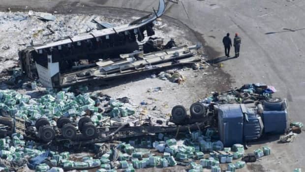 The scene of the 2018 Humboldt Broncos bus crash at the intersection of Highways 35 and 335 in Saskatchewan.  (Jonathan Hayward/The Canadian Press - image credit)