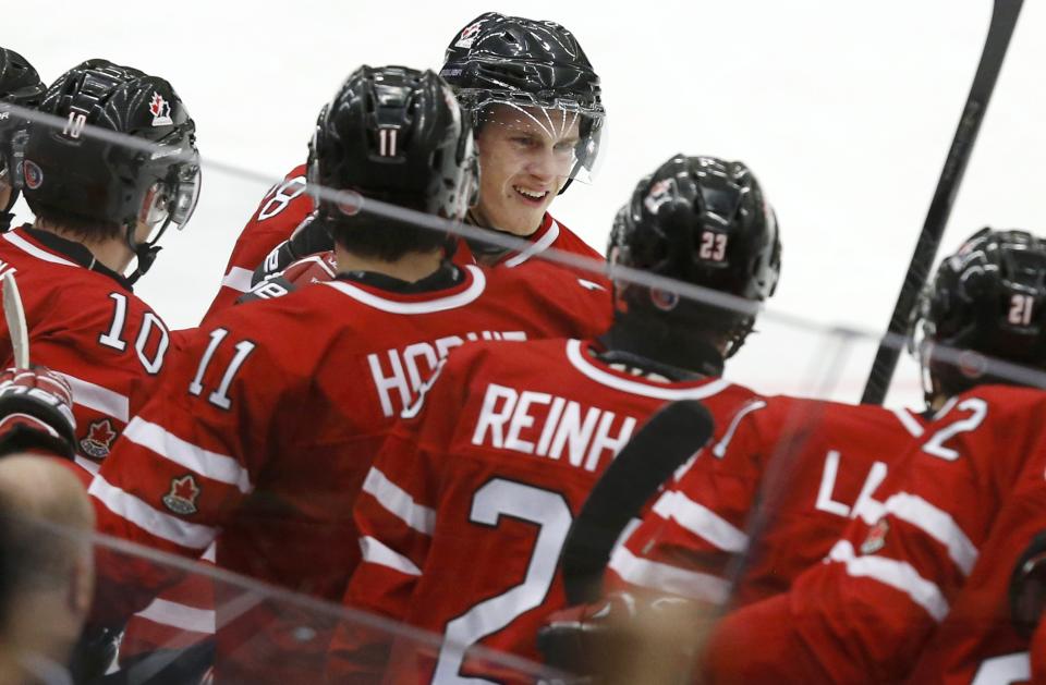 Canada's Mantha celebrates his penalty shot goal against Switzerland during the second period of their IIHF World Junior Championship ice hockey game in Malmo