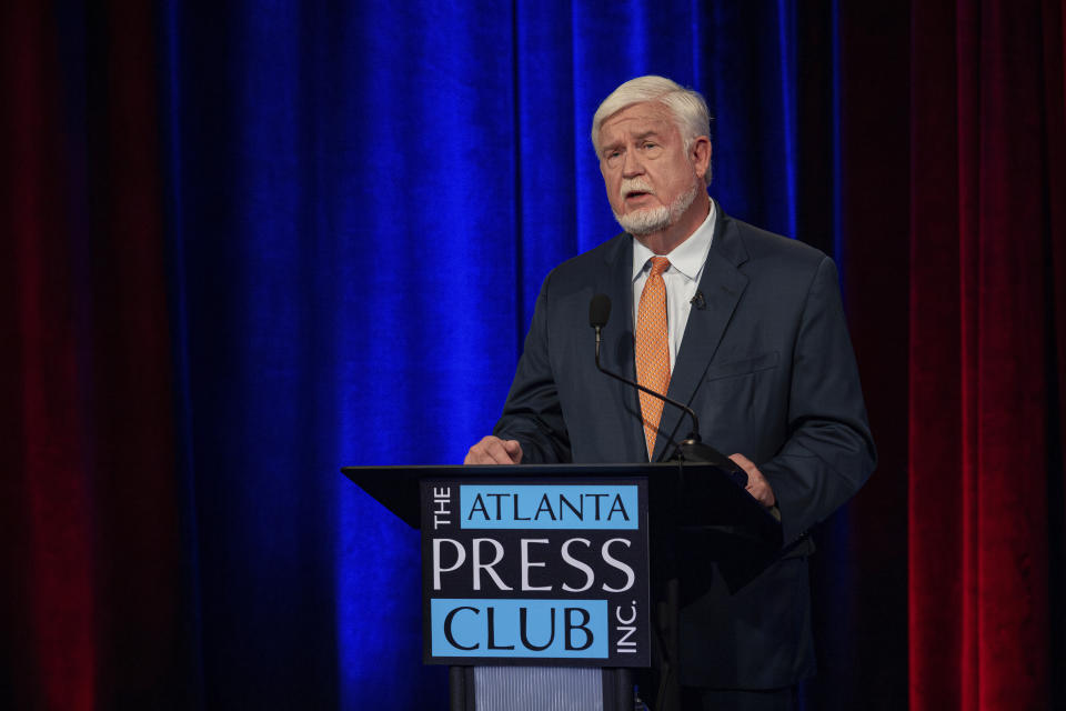 Georgia Republican Wayne Johnson speaks during a debate sponsored by the Atlanta Press Club with Republican Chuck Hand on Sunday, June 9, 2024, in Atlanta. Both candidates for Georgia's 2nd Congressional District are competing in a June 18 runoff for the GOP nomination. (J. Glenn/Pool via AP)