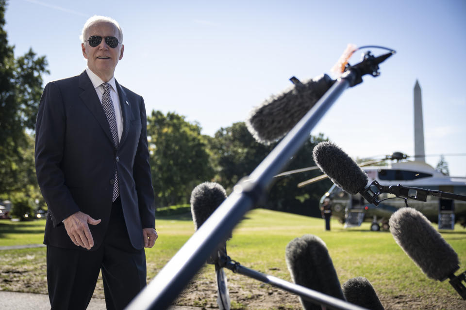 WASHINGTON, DC - OCTOBER 6: U.S. President Joe Biden speaks to reporters before boarding Marine One on the South Lawn of the White House October 6, 2022 in Washington, DC. President Biden is traveling to Poughkeepsie, New York to tour an IBM facility. The company has invested $20 billion in the Hudson Valley region over the next 10 years, focused on semiconductors, computers, artificial intelligence and other programs. He will also stop in New York City and New Jersey for Democratic fundraising events. (Photo by Drew Angerer/Getty Images)