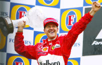 Schumacher celebrates on the podium of the Spa-Francorchamps racetrack after winning the Belgian Formula One Grand Prix. (Imago)