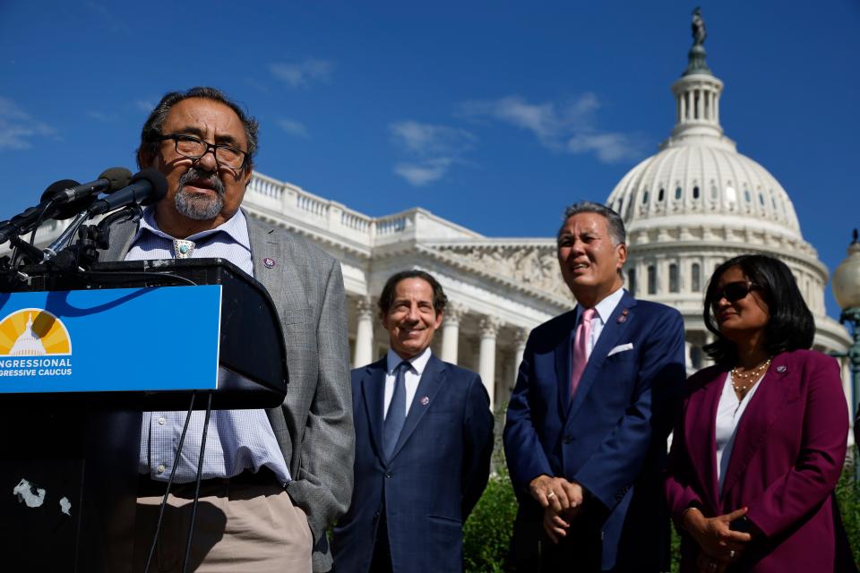 WASHINGTON, DC - AUGUST 12: Rep. Raul Grijalva (D-AZ) (L) and fellow members of the House Progressive Caucus hold a news conference ahead of the vote on the Inflation Reduction Act of 2022 outside the U.S. Capitol on August 12, 2022 in Washington, DC.