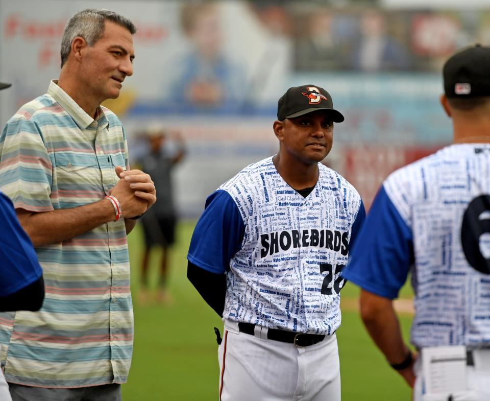 The Delmarva Shorebirds retired the #44 jersey of Ryan Minor, former player and manager, as the first-ever Shorebirds number retired Friday, Aug. 4, 2023, at Perdue Stadium in Salisbury, Maryland.