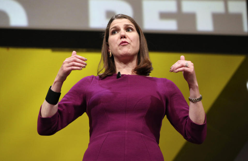 Britain's Liberal Democrat Party leader Jo Swinson participates in a question and answer session during the Liberal Democrats autumn conference at the Bournemouth International Centre in Bournemouth, England, Sunday Sept. 15, 2019. (Jonathan Brady/PA via AP)