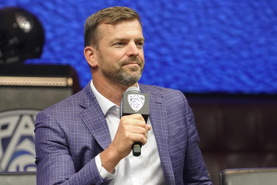 FILE - California head coach Justin Wilcox speaks at an NCAA college football Pac-12 media day Friday, July 21, 2023, in Las Vegas. California will have a completely new look in year seven under coach Justin Wilcox. With a new offensive coordinator who brought in a more wide-open, fast-paced scheme and about 50 new players from recruiting and the transfer portal, the Golden Bears will try to rebound following three straight losing seasons.(AP Photo/Lucas Peltier, File)