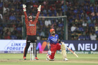 Royal Challengers Bengaluru's Virat Kohli reacts after being bowled out during the Indian Premier League cricket match between Royal Challengers Bangaluru and Sunrisers Hyderabad in Bengaluru, India, Monday, April 15, 2024. (AP Photo/Kashif Masood)