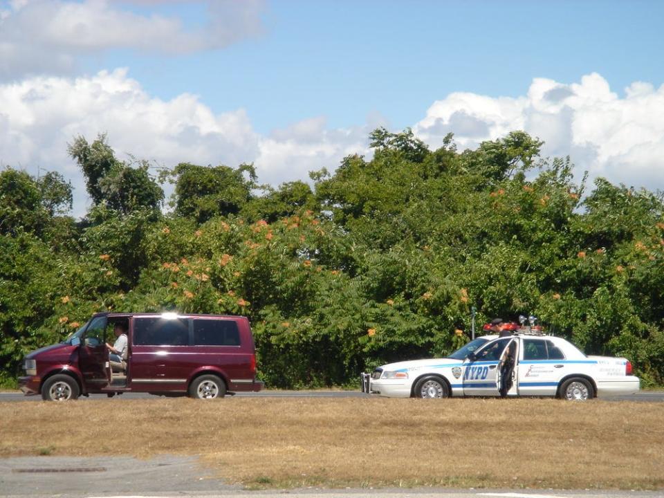 A purple car is pulled over by a police car.