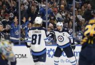 Feb 10, 2019; Buffalo, NY, USA; Winnipeg Jets right wing Blake Wheeler (26) celebrates after scoring a goal during the third period against the Buffalo Sabres at KeyBank Center. Mandatory Credit: Timothy T. Ludwig-USA TODAY Sports