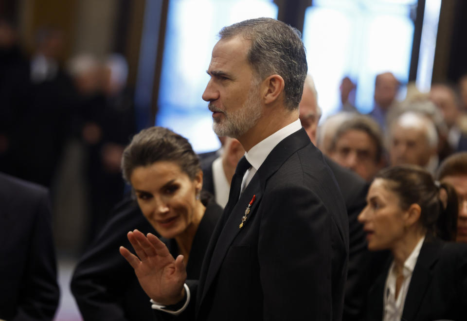 Spain's King Felipe and Queen Letizia attend attend the funeral service of former king of Greece Constantine II at Metropolitan Cathedral in Athens, Monday, Jan. 16, 2023. Constantine died in a hospital late Tuesday at the age of 82 as Greece's monarchy was definitively abolished in a referendum in December 1974. (Stoyan Nenov/Pool via AP)