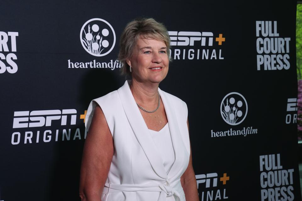 Iowa women's NCAA college basketball head coach Lisa Bluder arrives on the Red Carpet before the world premiere and screening of Episode 1 of the upcoming ESPN+ Original Series Full Court Press, Monday, May 6, 2024, in Indianapolis. (AP Photo/Darron Cummings)