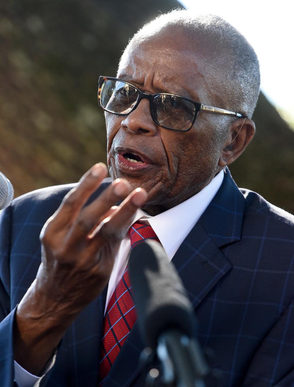 Civil rights attorney Fred Gray speaks after Claudette Colvin filed papers to have her name cleared at family court in Montgomery, Ala., on Tuesday October 26, 2021. Colvin was convicted and given probation for not giving up her seat on a Montgomery bus in 1955