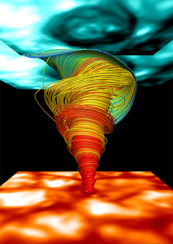 Visualisation of a close-up region in our advanced 3D numerical simulations of a magnetic tornado in the solar atmosphere. The spiral lines represent the velocity field in the tornado vortex. The images contain the observed swirl signature (top