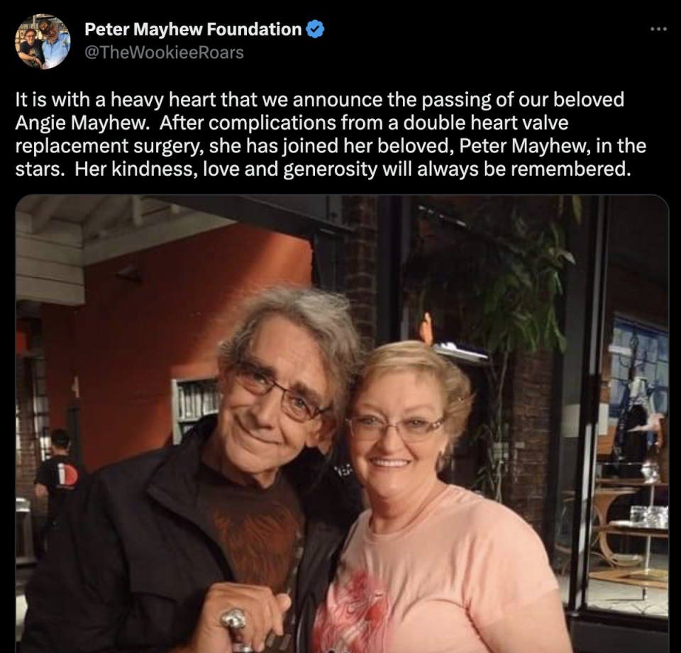 ‘Peter Mayhew Foundation’ announces Angie Mayhew’s death (Twitter)