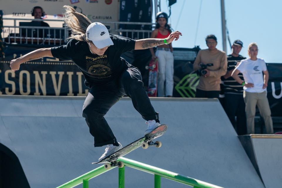 Brazil's Pamela Rosa attempts a trick early in Sunday's women's final. Street League Skateboarding brought its Championship Series to Jacksonville over the weekend.