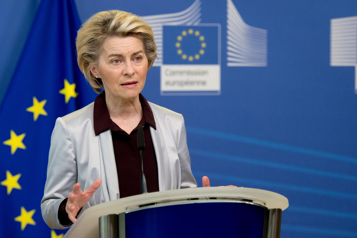 BRUSSELS, BELGIUM - NOVEMBER 24: European Commission President Ursula von der Leyen holds a press conference on Covid-19 vaccine after a college meeting at EU headquarters in Brussels, Belgium on November 24, 2020. (Photo by EU Commission/Pool/Anadolu Agency via Getty Images)