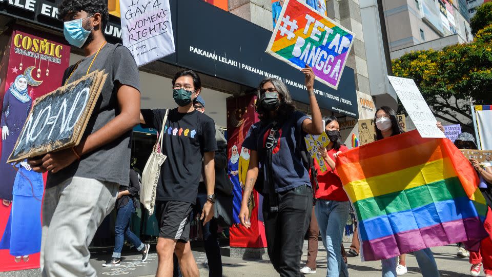 Participants in a Womens Day March asking for greater rights in gender equality and recognition of the LGBTQ community in Kuala Lumpur, Malaysia on March 12, 2023. - Zahim Mohd/NurPhoto/Getty Images/FILE