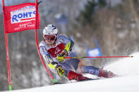 Aleksander Aamodt Kilde of Norway competes in the men's giant slalom during the FIS Alpine Ski World Cup at Naeba Ski Resort in Yuzawa, Niigata prefecture, northern Japan, Saturday, Feb. 22, 2020. (AP Photo/Christopher Jue)