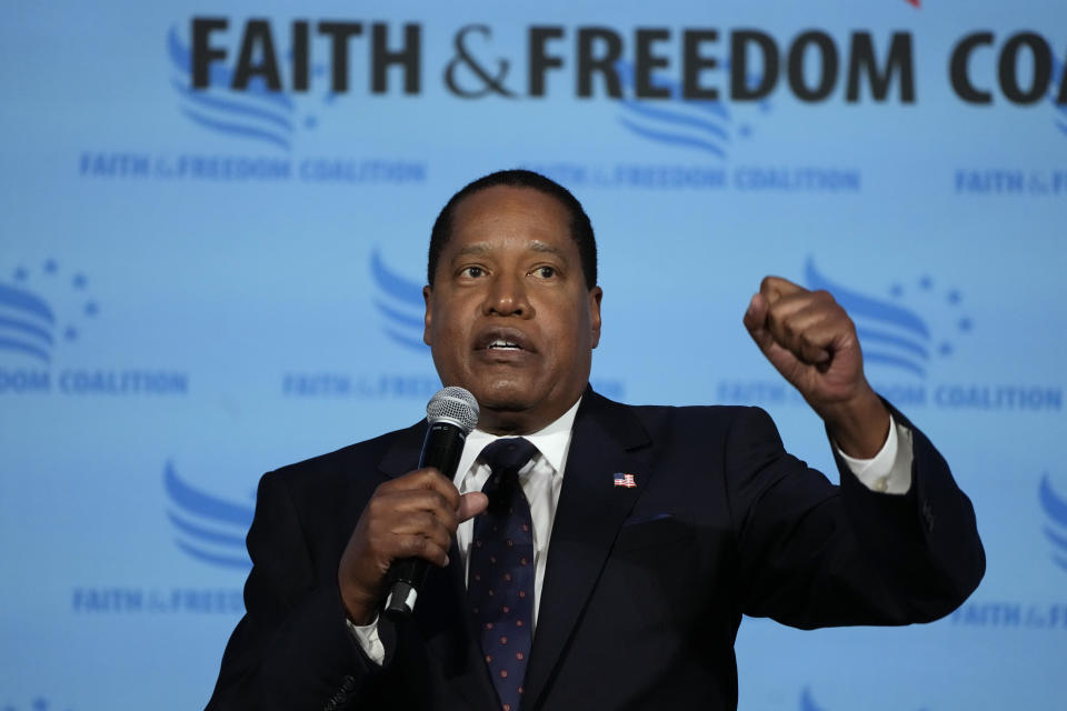 FILE - Republican presidential candidate radio show host Larry Elder speaks during the Iowa Faith and Freedom Coalition Spring Kick-Off Saturday, April 22, 2023, in Clive, Iowa. (AP Photo/Charlie Neibergall, File)