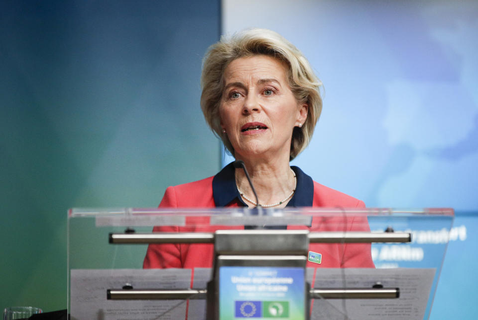 European Commission President Ursula von der Leyen speaks during a media conference at an EU Africa summit in Brussels, Friday, Feb. 18, 2022. European Union leaders on Thursday lauded the bloc's vaccine cooperation with Africa in the fight against the coronavirus, but there was no sign they would move toward a temporary lifting of intellectual property rights protection for COVID-19 shots. (Johanna Geron, Pool Photo via AP)