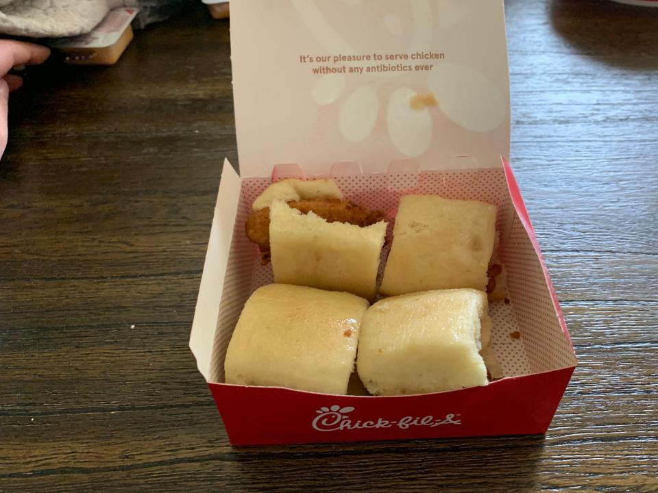 Chick-fil-A's Chicken minis in red box on wood table