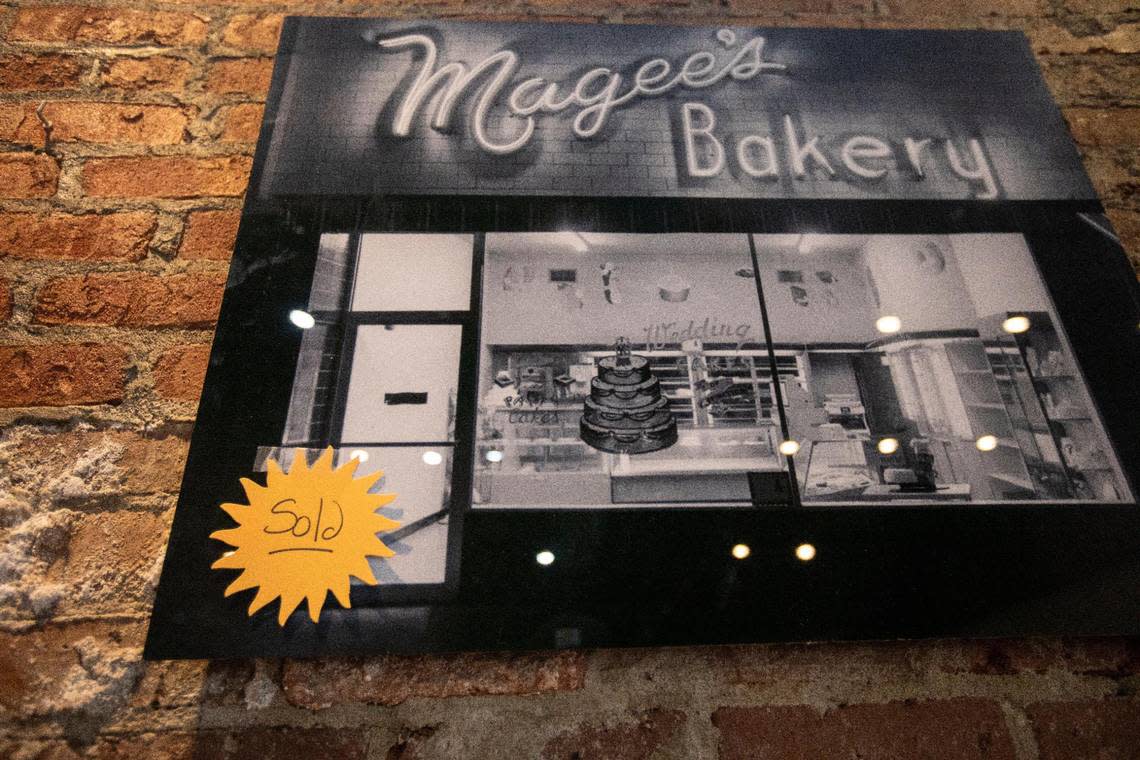 Photos, tables, chairs and baking sheets are sold to patrons on the last day of business for Magee’s Bakery in Lexington, Ky., Saturday, May 13, 2023. Some people waited in line over two hours to try and purchase baked goods or items. Silas Walker/swalker@herald-leader.com