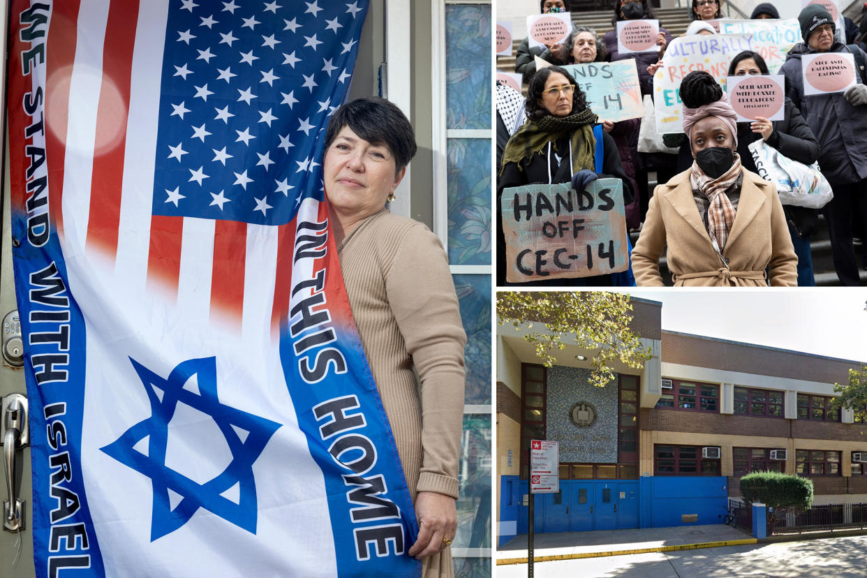 composite photo left Esther Shali-Ogli; right protesters lower right the exterior of the school