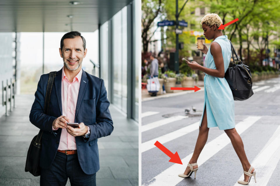 On the left is a man in business casual and on the right is a woman in a dress, heels, and jewelry