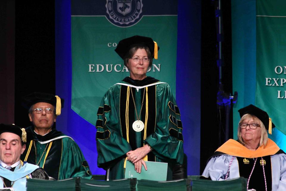 Wilmington University Board of Trustees member Sue L. Robinson stands in recognition during Wilmington University commencement exercise for the College of Arts & Sciences and College of Business. Robinson, a former Federal judge in Delaware, is the jointly-appointed disciplinary officer in the Deshaun Watson case.