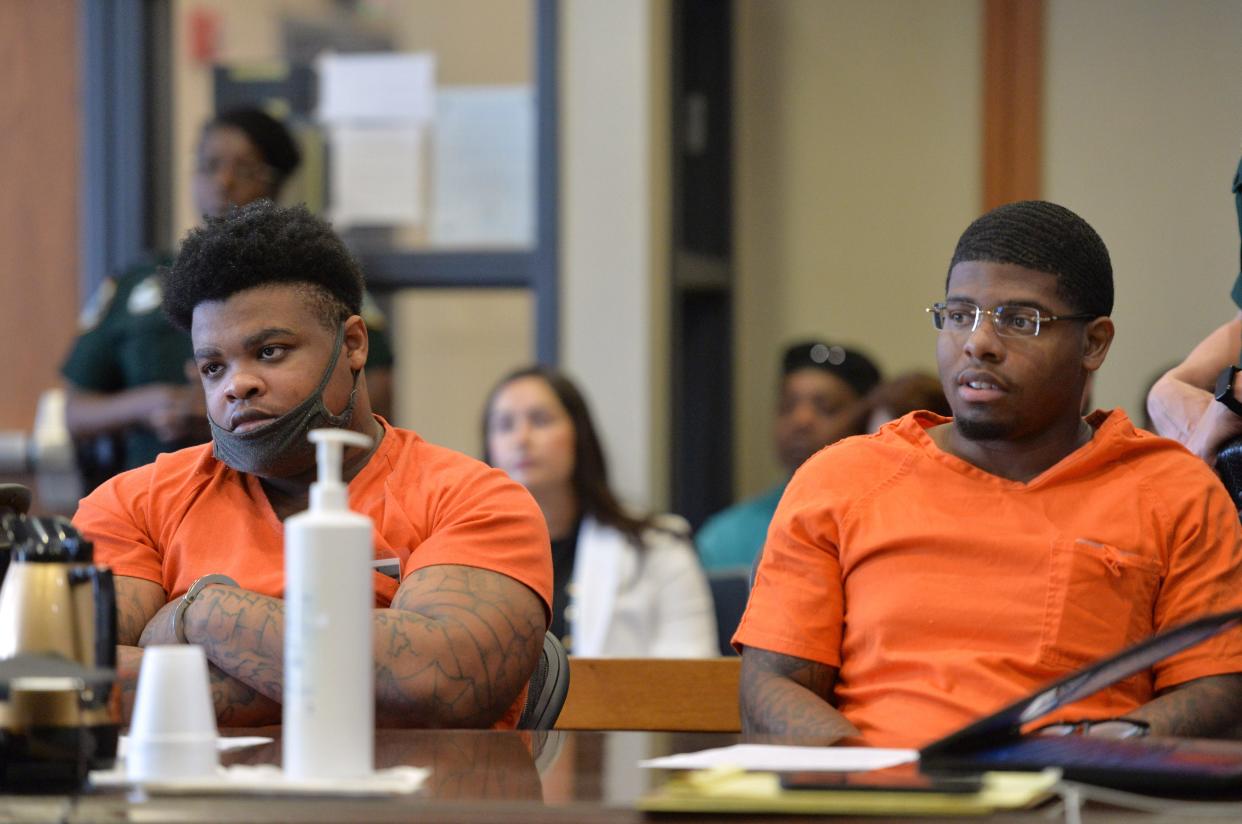 Co-defendants Davion Lee, left, and Sean Thomas, were sentenced Friday for their role in the 2019 killing of 26-year-old Christopher Rashad Ramos. Lee and Thomas were convicted of murder in the first degree, armed burglary of a dwelling, and robbery with a firearm. Lee was sentenced to 35 years in prison.  Thomas received a life sentence.