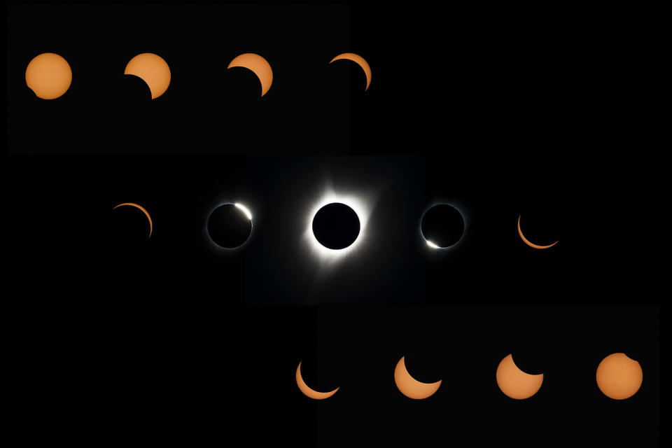 This composite image of thirteen photos shows the progress of a total solar eclipse (Aubrey Gemignani / NASA)