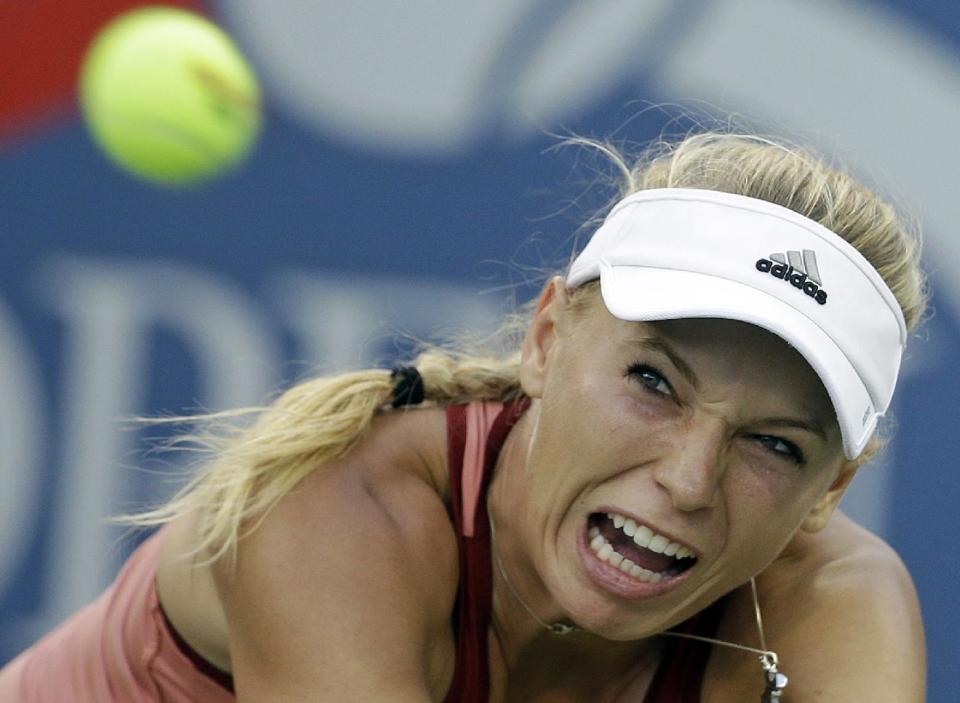 Caroline Wozniacki during her third-round win over Andrea Petkovic at the U.S. Open. She faces Maria Sharapova Sunday. (AP Photo/Darron Cummings)