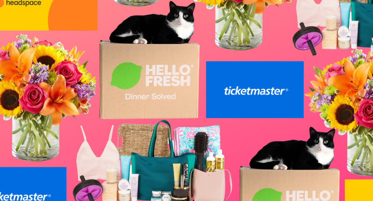 mother's day gift ideas, hello fresh box with black cat on top, blue ticketmaster logo, bouquet of flowers, fabfitfun products