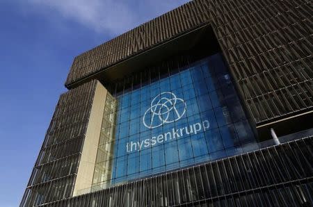 Thyssenkrupp AG's new company logo adorns it's headquarters in Essen, Germany, November 19, 2015. REUTERS/Ina Fassbender