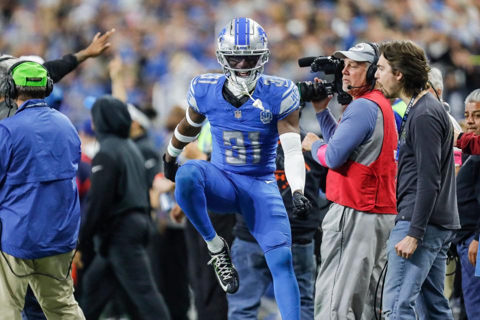 Detroit Lions safety Kerby Joseph (31) celebrates a play against Tampa Bay Buccaneers during the second half of the NFC divisional round at Ford Field in Detroit on Sunday, Jan. 21, 2024.