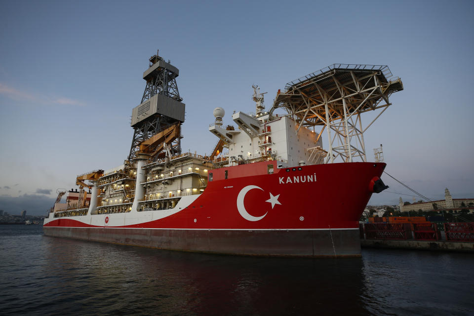 Turkish drilling ship Kanuni is seen docked at the port of Haydarpasa in Istanbul, Wednesday, Oct. 21, 2020. Turkey's President Recep Tayyip Erdogan announced Oct. 17, the discovery of 85 billion cubic meters of natural gas reserves off the Black Sea coast, in addition to the August's announcement of the discovery of 320 billion cubic meters as Turkey increased its maritime search for hydrocarbon resources. (AP Photo/Emrah Gurel)