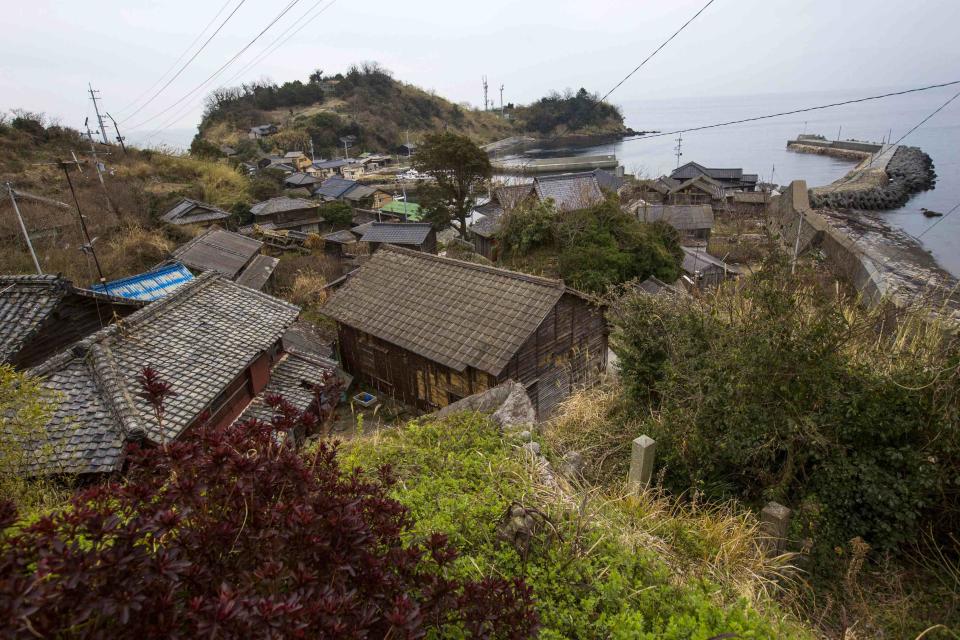 An overview shows the main part of the fishing village on Aoshima Island in Ehime prefecture in southern Japan